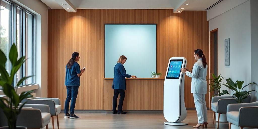 AI kiosk in a modern medical clinic reception area.