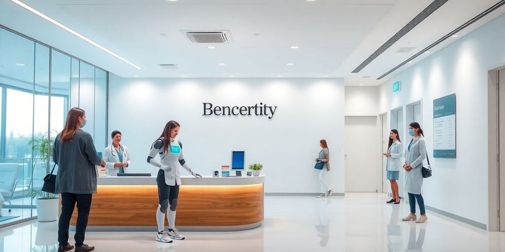 AI receptionist in a modern medical clinic reception area.