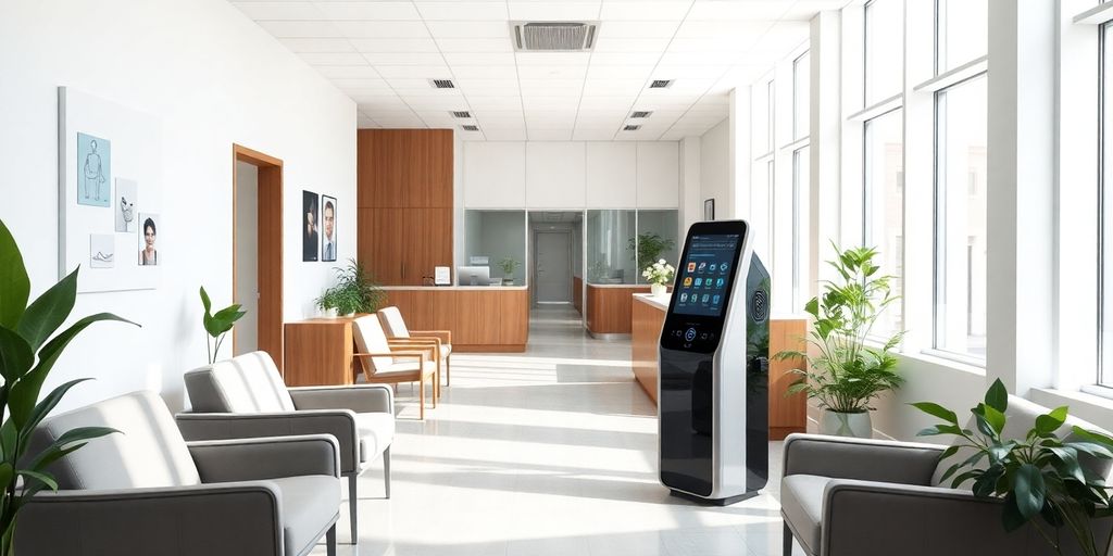 Modern clinic reception with sleek AI receptionist.