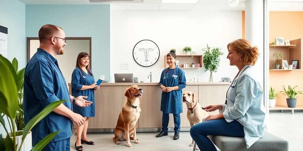 Veterinary clinic reception with staff and AI technology.