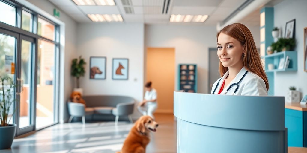 AI receptionist in a veterinary clinic reception area.