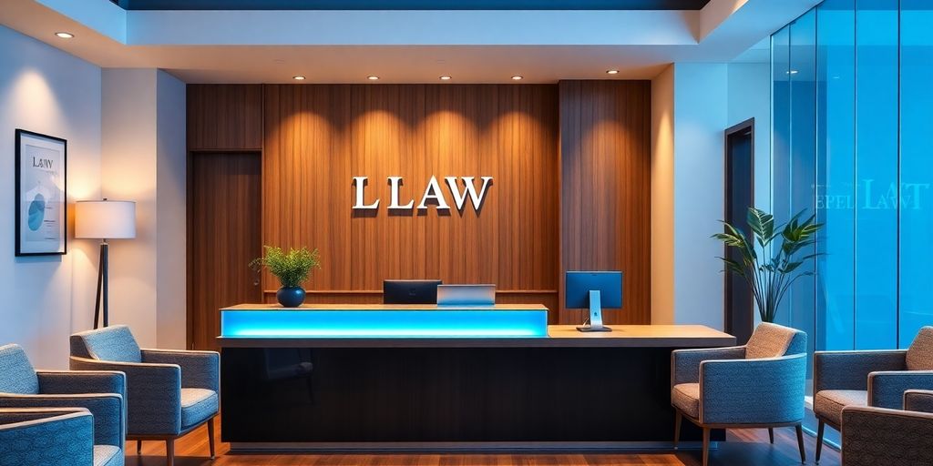 Modern law office reception with AI assistant and elegant design.