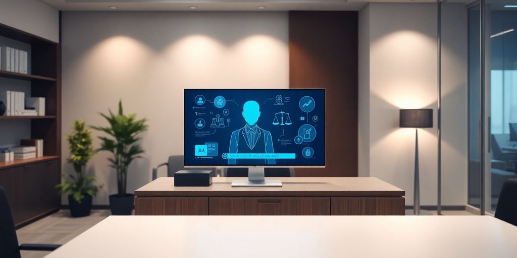 Modern office with AI receptionist interface and sleek design.