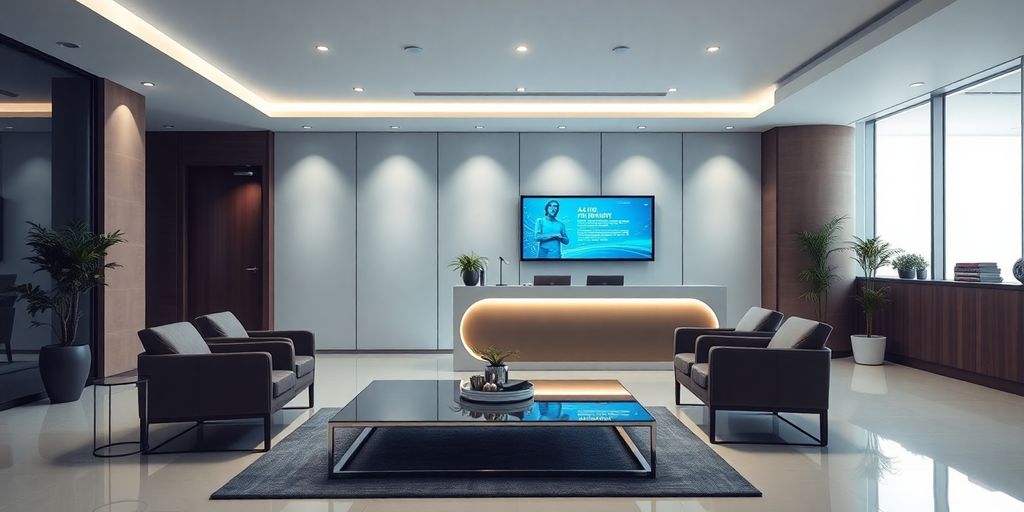 Modern reception area with AI technology in a law firm.