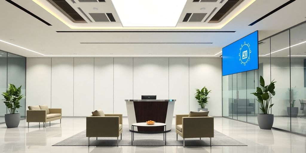 Modern office reception with AI technology and sleek design.