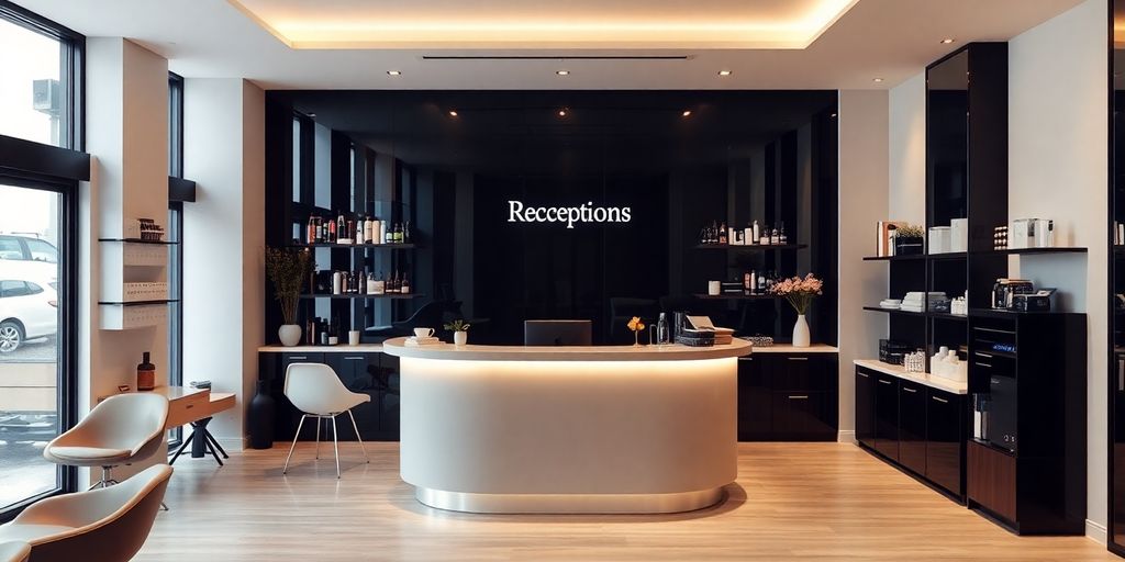Modern salon with AI receptionist at a stylish front desk.