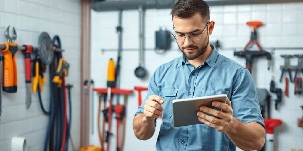 Plumber using tablet in a workshop with tools.