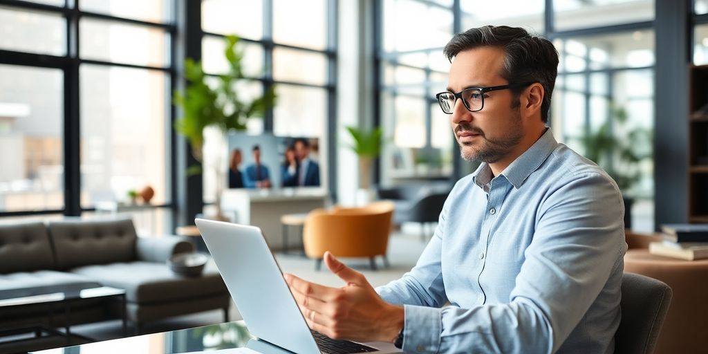 Consultant on video call in a modern office.