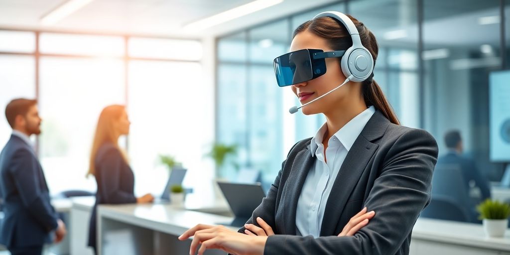 AI receptionist in a bright accounting office setting.