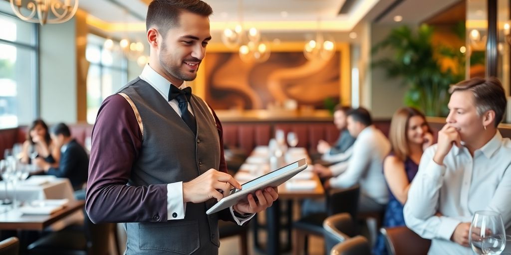 Waiter with tablet interacting with diners in a restaurant.