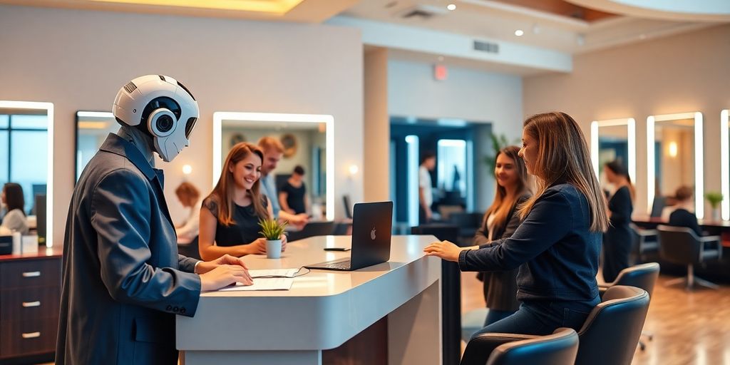 AI receptionist interacting with happy salon customers.
