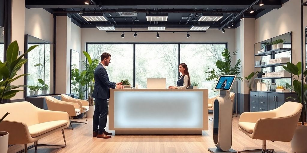 AI receptionist in a modern salon interior.