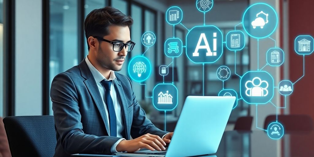 Consultant using laptop with digital AI icons around.