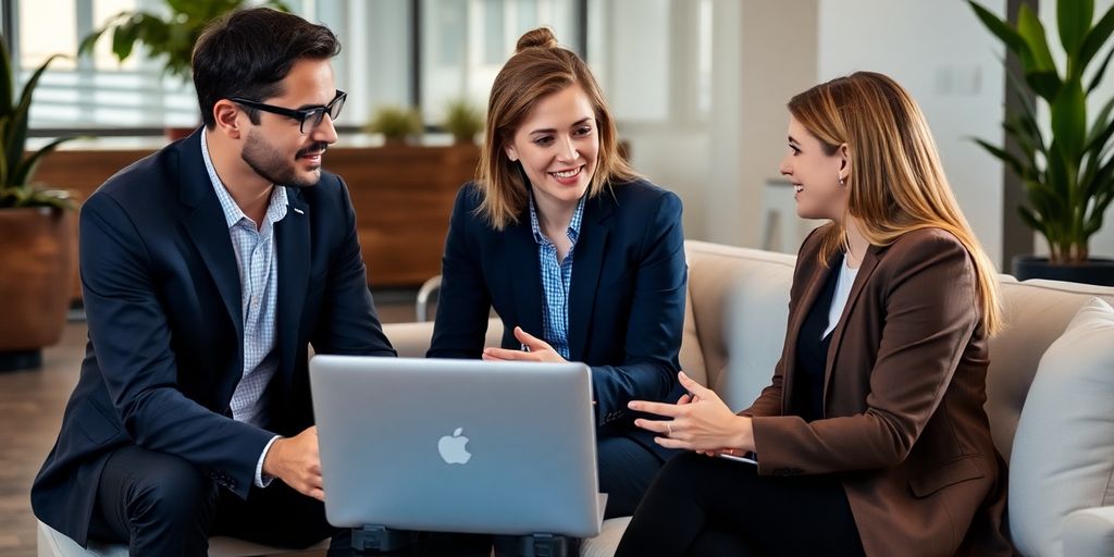 Consultant discussing AI solutions with a client in office.