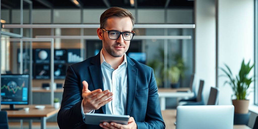 Consultant working with AI technology in an office setting.