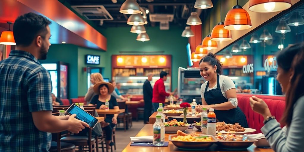 Restaurant staff assisting customers in a bustling setting.
