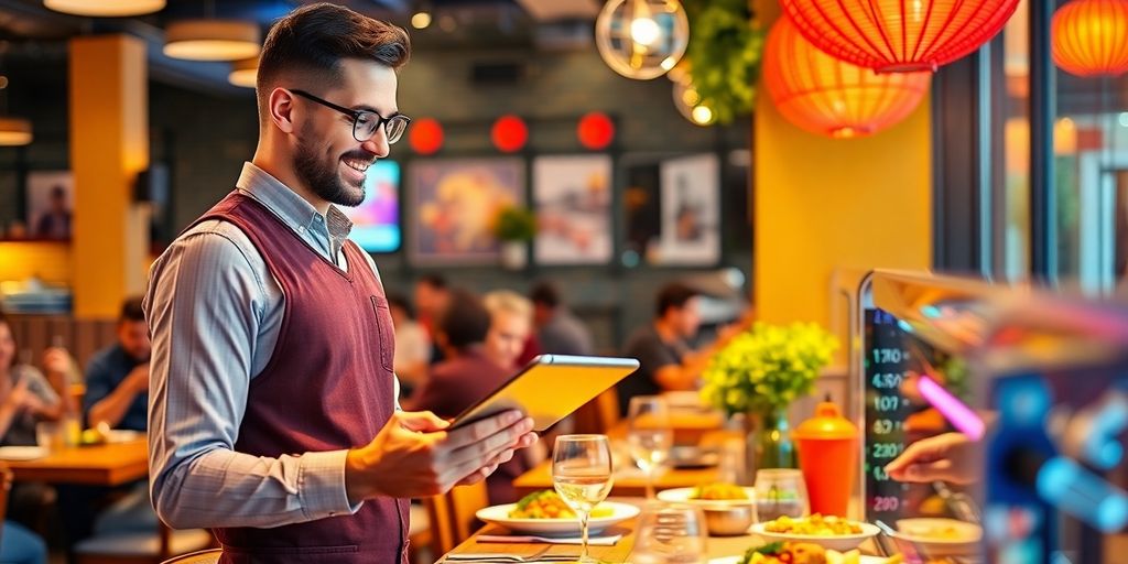 Waiter using tablet to assist customers in restaurant.