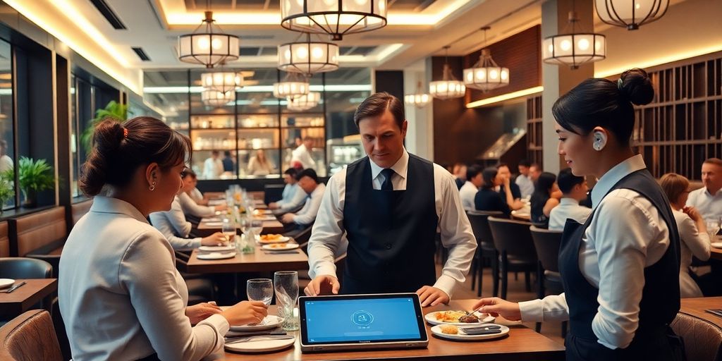 Restaurant staff using AI technology in a modern setting.