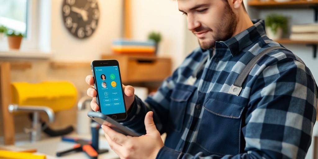 Plumber using smartphone with AI technology in home setting.