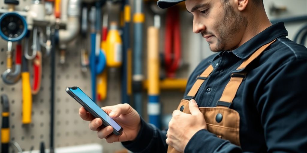 Plumber interacting with smartphone in a workshop.