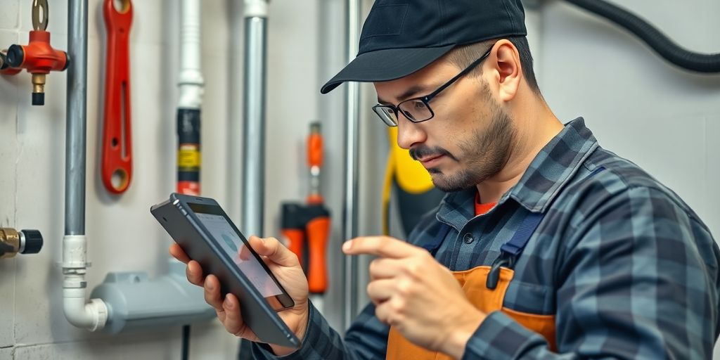 Plumber using a tablet among pipes and tools.