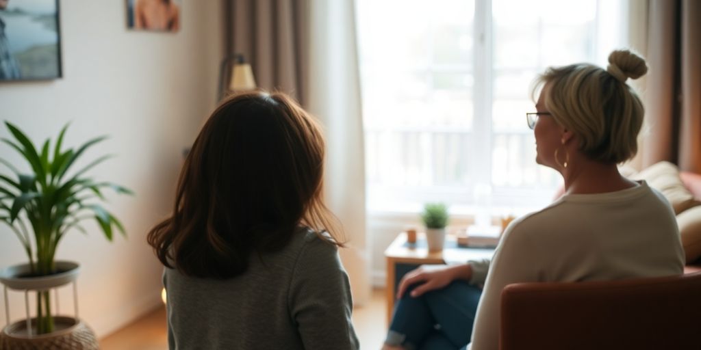 Person consulting with a mental health professional in a cozy room.