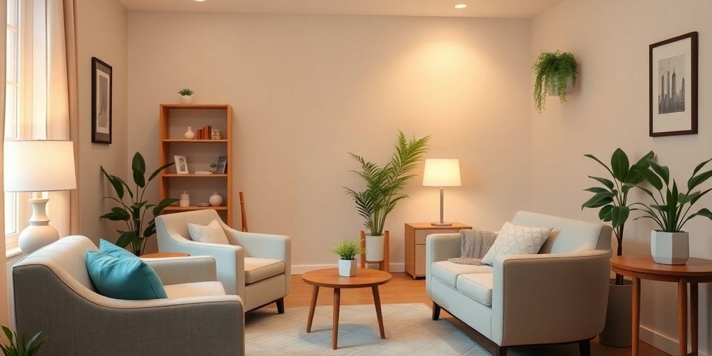 Therapist's office with calming decor and comfortable seating.