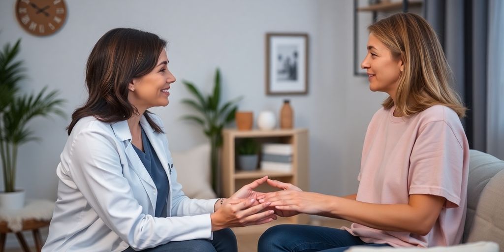 Mental health professional talking to a patient in therapy.