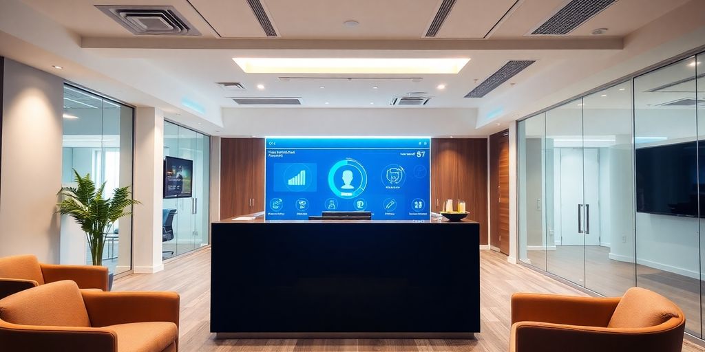 Modern AI receptionist in a sleek office setting.