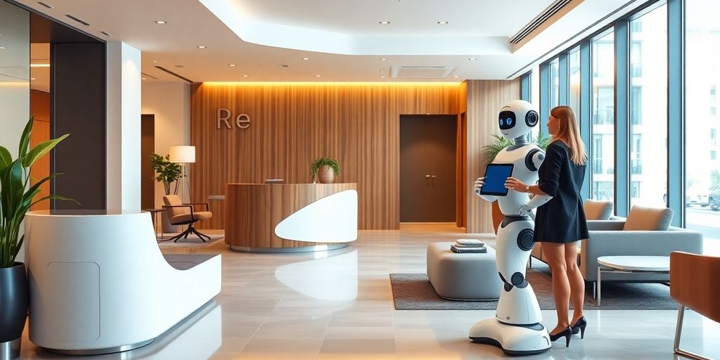 AI receptionist robot in a modern accounting office.