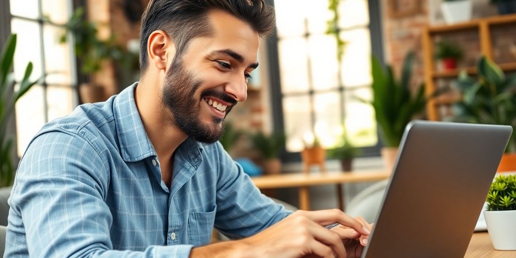 Small business owner using a laptop with virtual assistant.