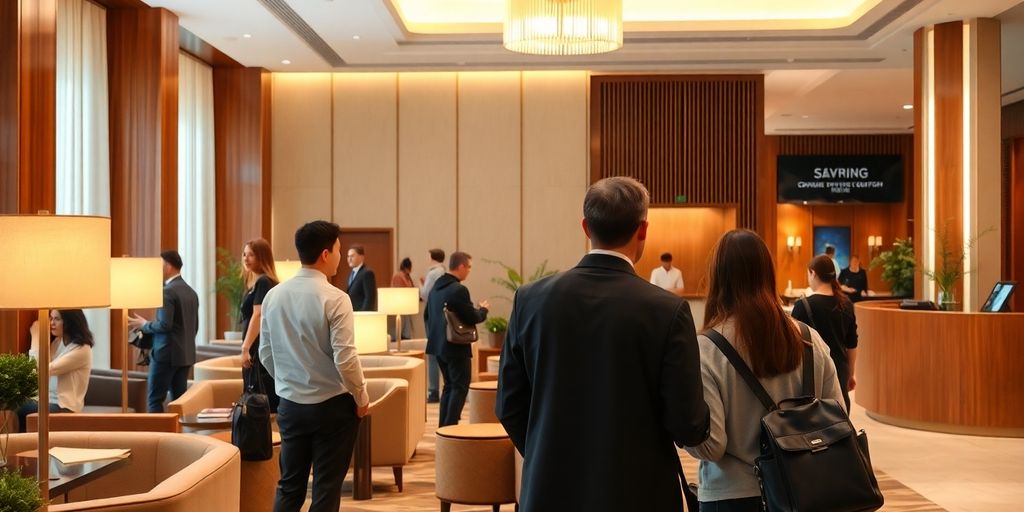 Hotel lobby with guests and staff in a warm setting.
