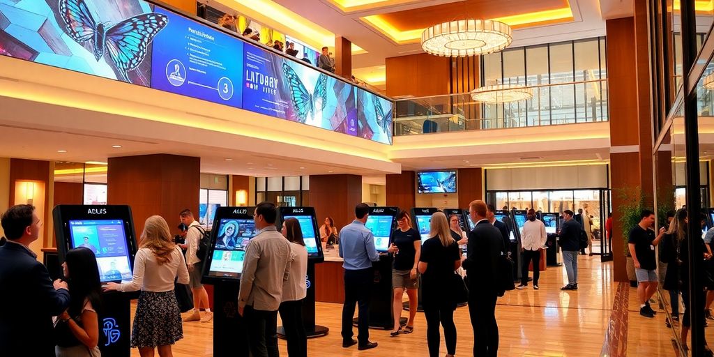 Guests using AI kiosks in a hotel lobby.