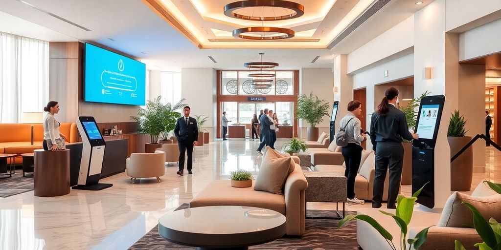 AI-enabled hotel lobby with personalized guest services.