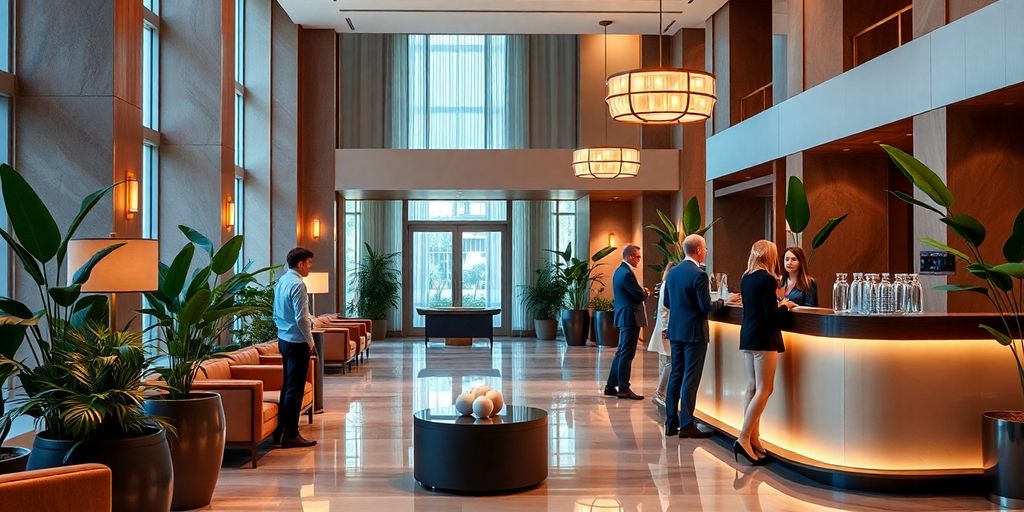 Hotel lobby with concierge assisting guests in a warm setting.