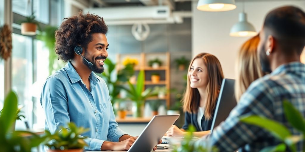 Friendly customer service representative engaging with a client.