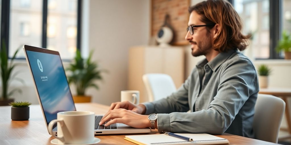 Small business owner using AI answering system on laptop.