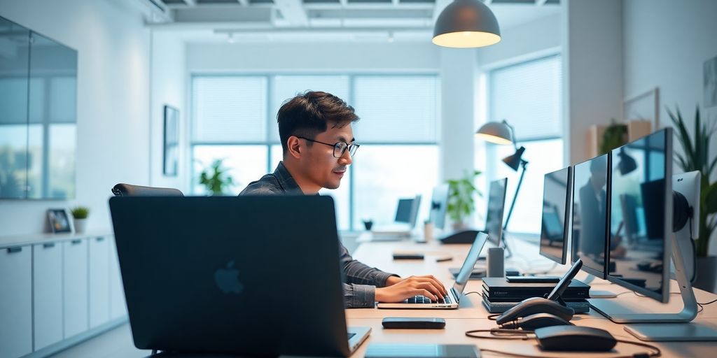 Person working on laptop in a bright office.