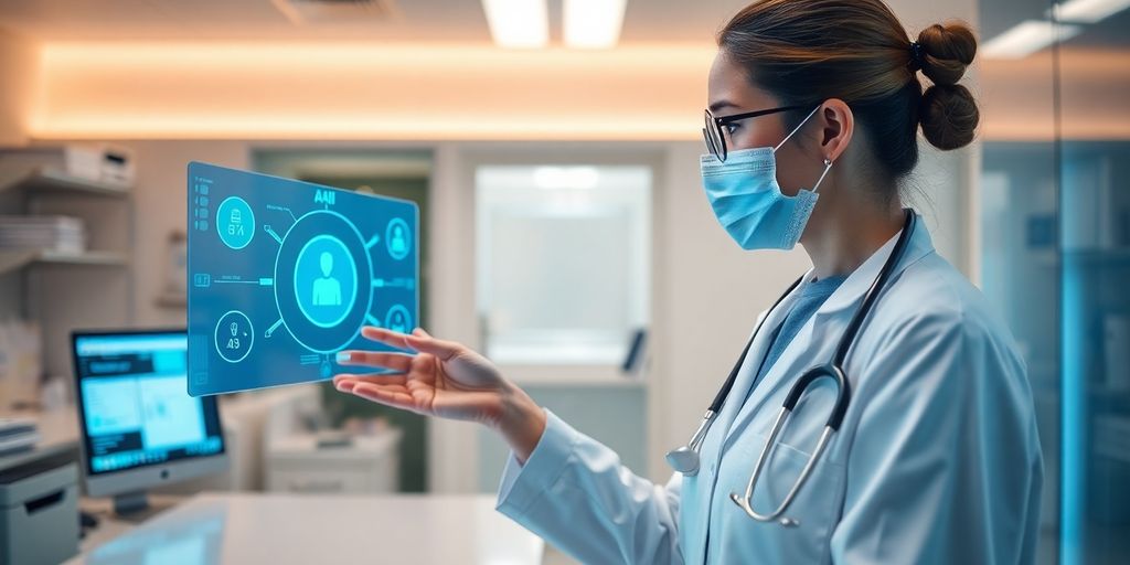 Healthcare provider interacting with AI technology in office.