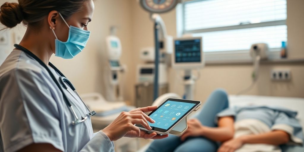 Healthcare provider using technology with patients in a clinic.