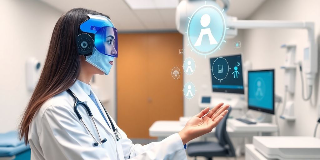 Healthcare professional using AI technology in a medical office.