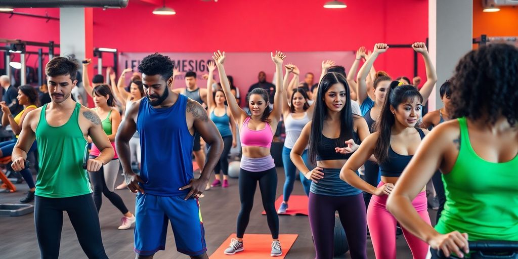 Diverse individuals exercising in a bright, energetic gym.