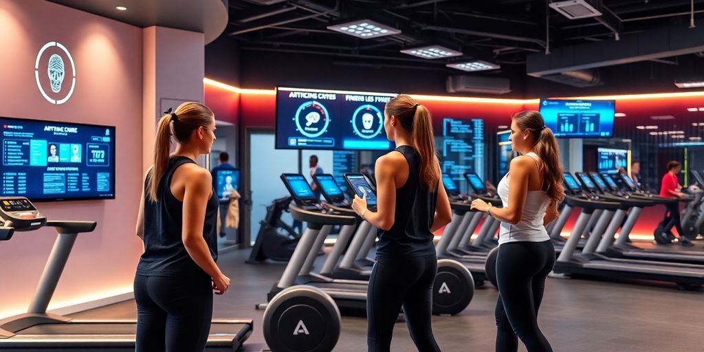 Modern gym with AI technology and interactive fitness equipment.
