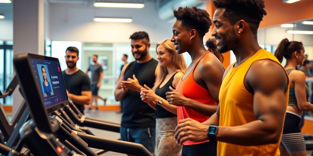 People interacting with AI technology in a gym.