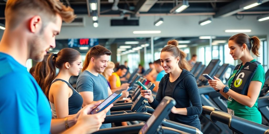 Gym trainers and members interacting with AI technology.