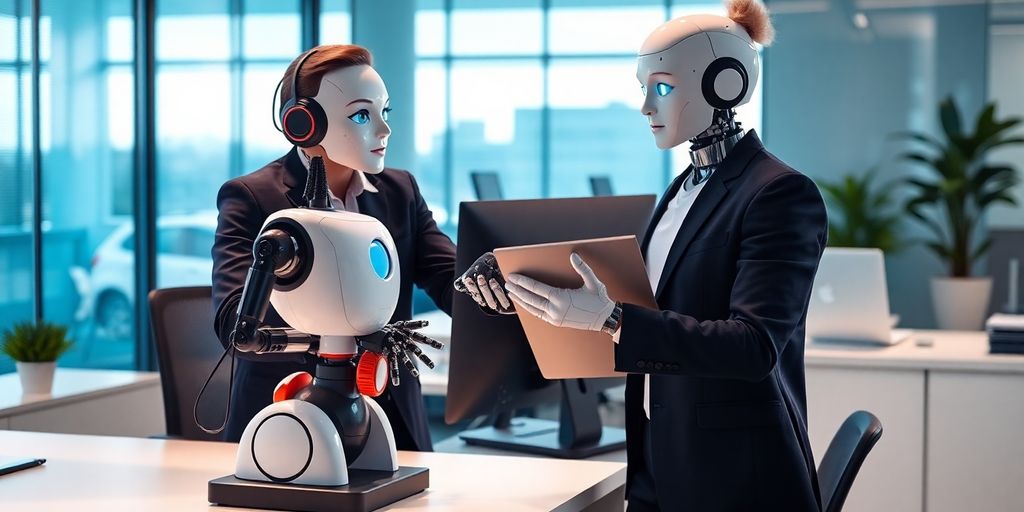 AI robot receptionist interacting with accountant in office.