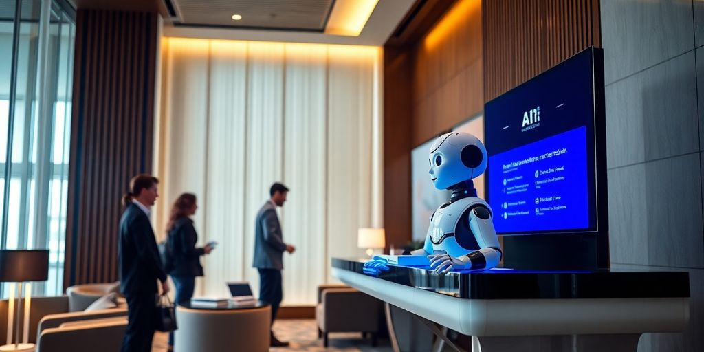 AI receptionist robot in a hotel lobby.