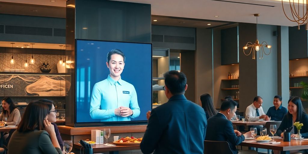 AI receptionist in a restaurant interacting with customers.