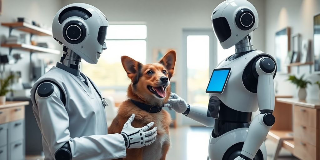 AI robot receptionist with a pet in a clinic.
