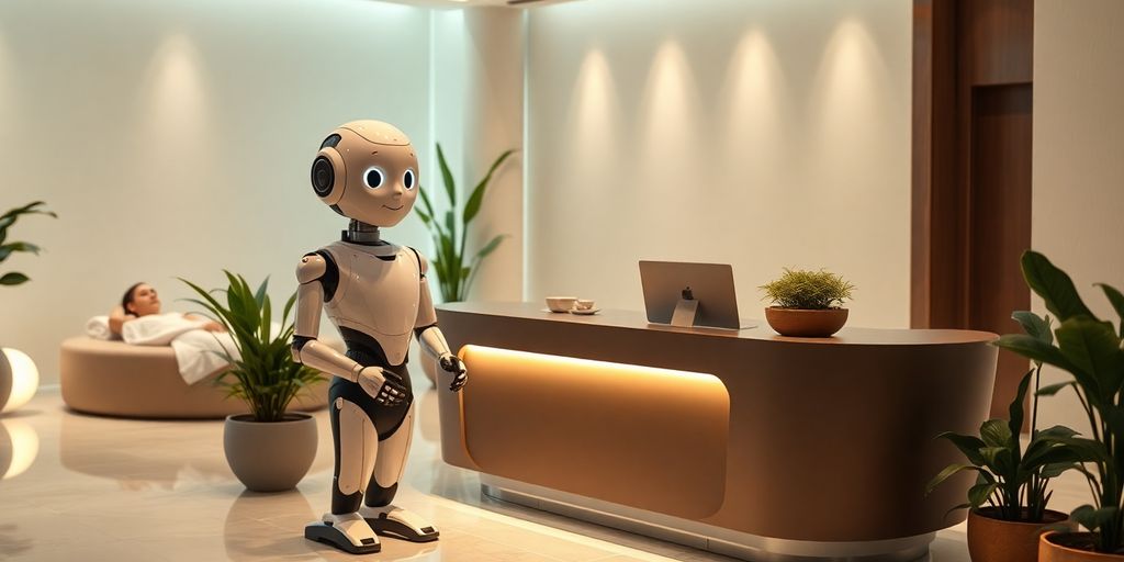AI robot receptionist in a modern spa setting.